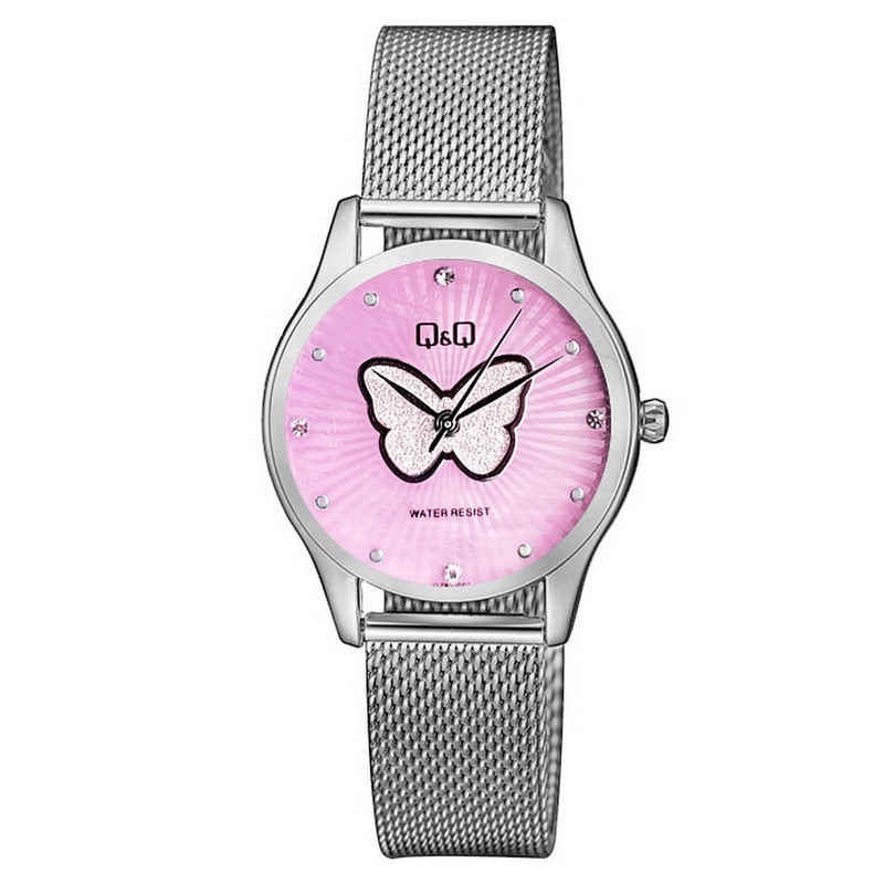 Reloj Q&q Qyq Elegante Mariposa Qz93j001 Plateado Fondo Rosa + Estuche