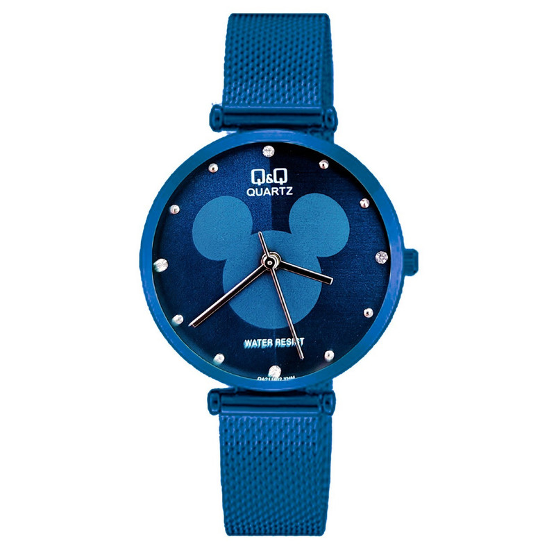 Reloj Q&q Qyq Elegante Mickey Acero Mujer Dama Azul Fondo Azul + Estuche 