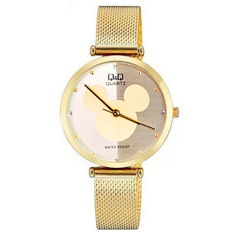 Reloj Q&q Qyq Elegante Mickey Acero Mujer Dama Dorado + Estuche 