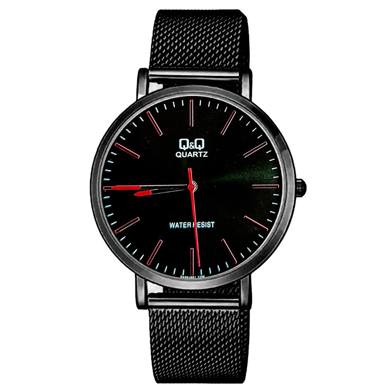 Reloj Q&q Qyq Qa20j001y Elegante Acero Negro Punteros Rojo + Estuche 