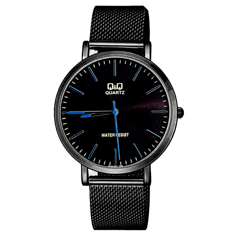 Reloj Q&q Qyq Qa20j001y Elegante Acero Negro Punteros Azul + Estuche 