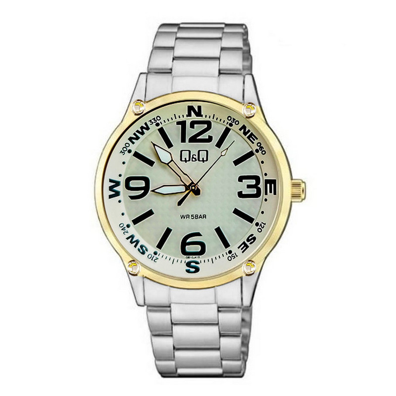 Reloj Q&q Qyq Qb10j415 Acero Hombre Plateado Borde Dorado + Estuche 