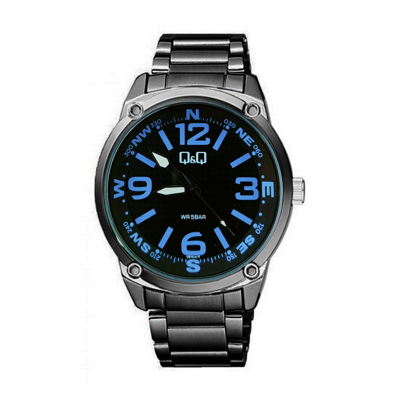 Reloj Q&q Qyq Qb10j415 Acero Hombre  Negro Numeros Azules + Estuche 