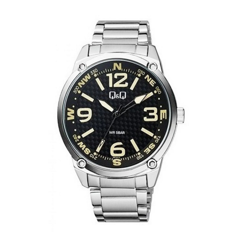 Reloj Q&q Qyq Qb10j415 Acero Hombre Plateado Numeros Amarillos + Estuche 