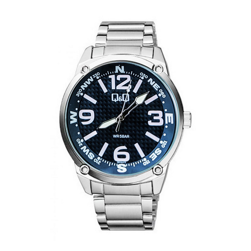 Reloj Q&q Qyq Qb10j415 Acero Hombre Plateado Fondo Azul + Estuche 