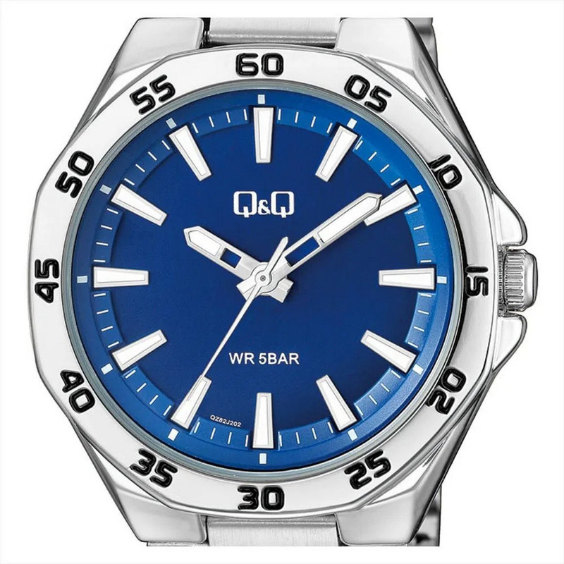 Reloj Q&q Qyq Qz82j201 Casual Acero Hombre Plateado Fondo Azul + Estuche