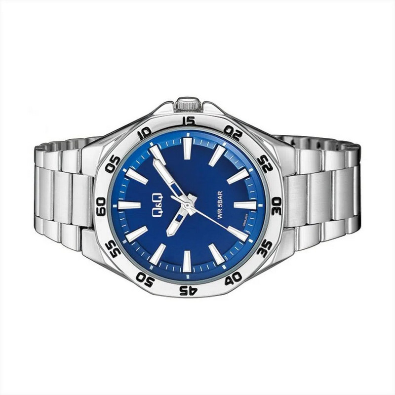 Reloj Q&q Qyq Qz82j201 Casual Acero Hombre Plateado Fondo Azul + Estuche