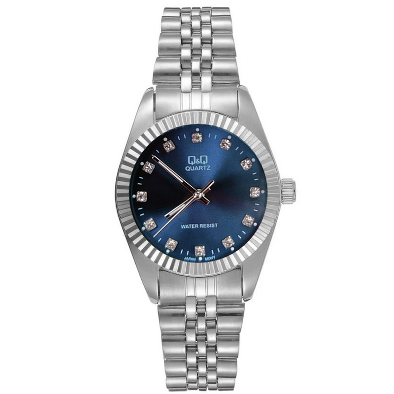 Reloj Q&q Qyq Tipo Rolx Elegante Acero Unisex Plateado Fondo Azul + Estuche