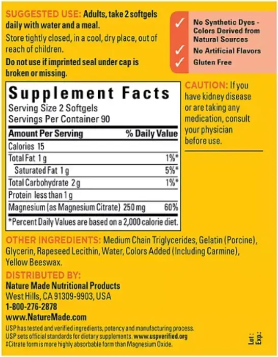 Nature Made Magnesium Citrate 250mg 180 Softgels