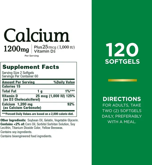 Calcio 1200mg X 120 Cápsulas Mas Vitamina D3 Natures Bounty 