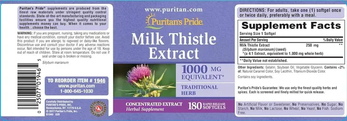 Cardo Mariano Milk Thistle Extract 1000 Mg 180 Cápsulas Puritans Pride 