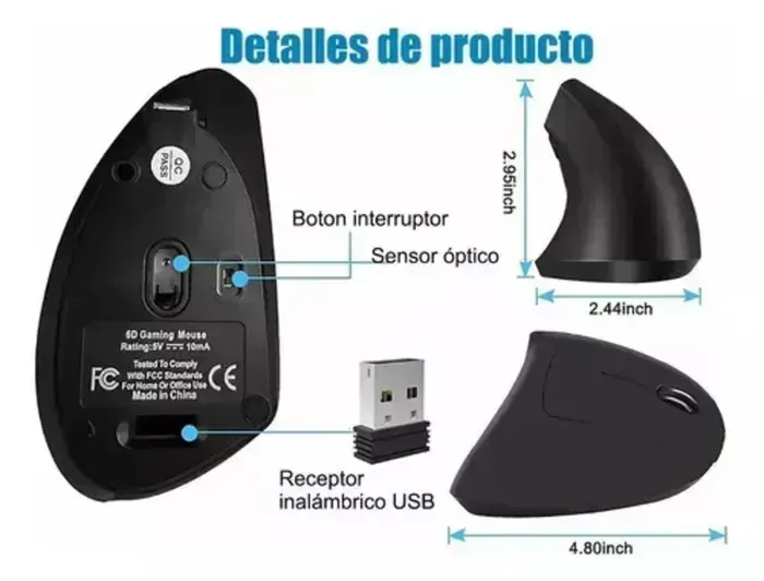 Mouse Vertical Inalámbrico Ortopédico Receptor Usb