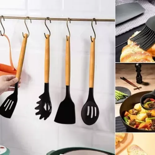 Set 12 Utensilios De Cocina Silicona Resistente Calor Juego Color Negro