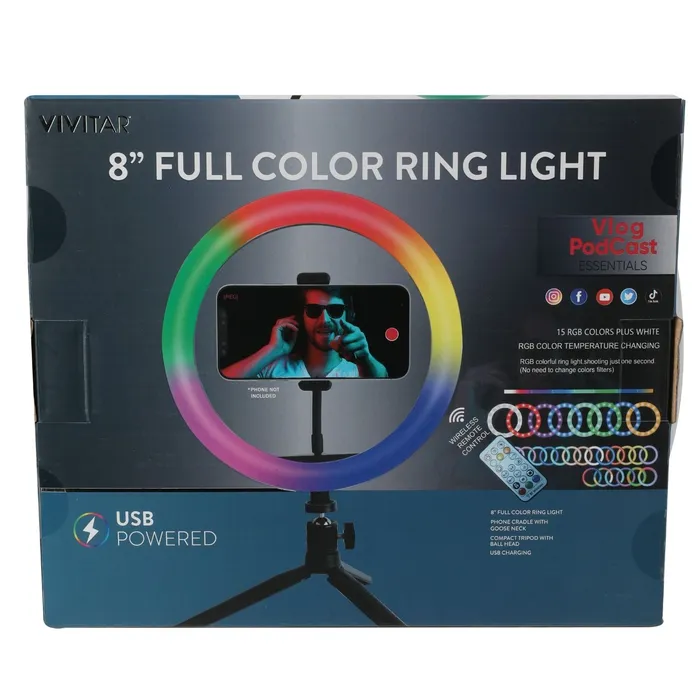 Aro de Luz Led Vivitar VIVRLRGB8 8 Pulgadas 12 Colores Y Soporte Para Celular