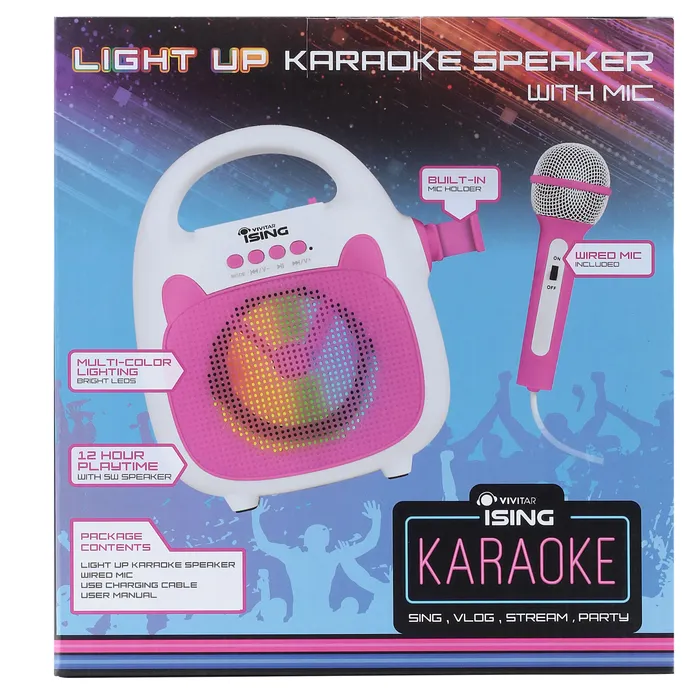 Parlante Karaoke Vivitar con Luz LED Hasta 12 hrs Color Rosa