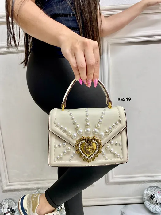 Bolso blanco apliques perlas BE249