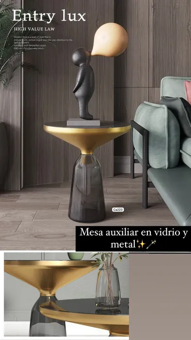 Mesa auxiliar vidrio templado gris detalles dorados ca223