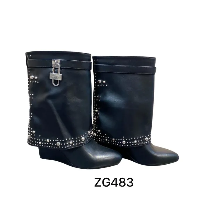 Botin texano negro doblez apliques plateados tacon ZG483-36