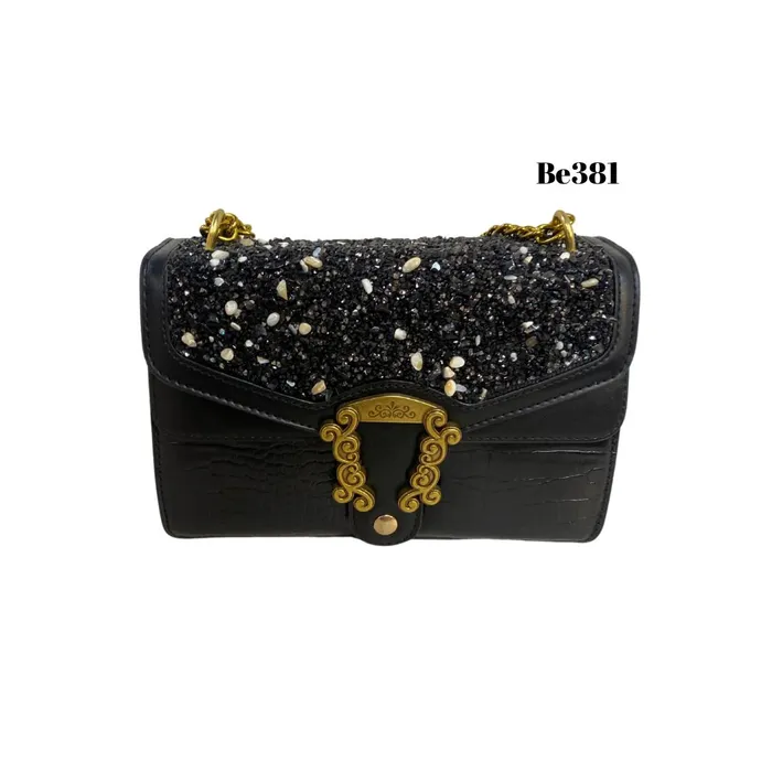 bolso textura negro apliques dorados piedras brillantes be381