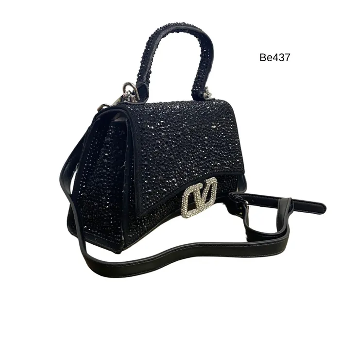 Bolso negro apliques plateado brillantes BE437