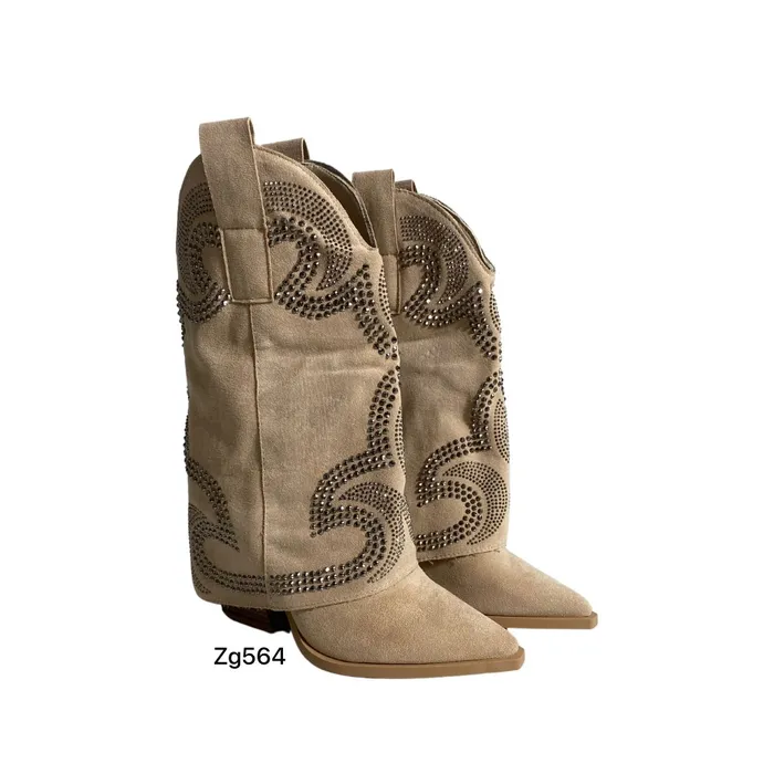 Botin texano beige apliques plateado doblez zg564-40