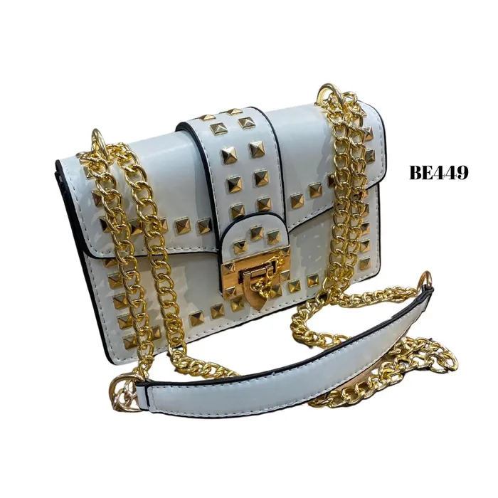 Bolso blanco apliques cadena dorado BE449