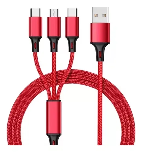 Cable Cargador Usb Tipo C Reforzado 3 En 1 Para Xiaomi iPhone 1hora Color Rojo
