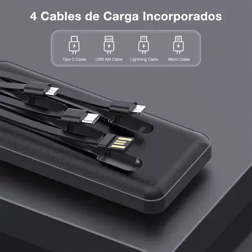 Power Bank Gar148 Negra Batería Portátil Carga Rápida 10.000mah 4 Cables 