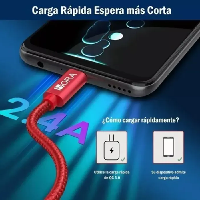 Cable Tipo C Usb Carga Rápida 2.4a Compatible Con Samsung Xiaomi 1hora  Color Rojo