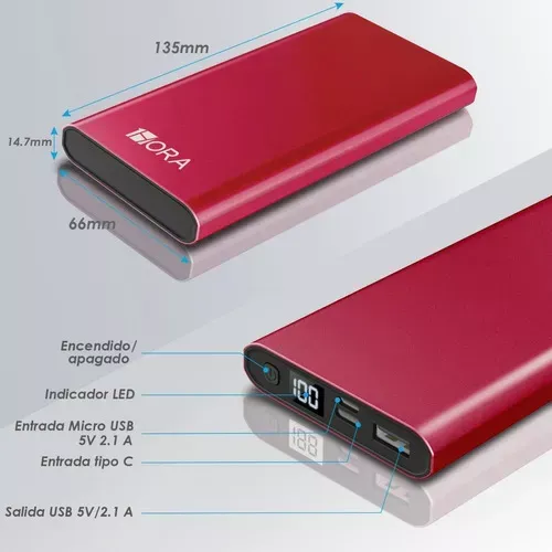 Power Bank Gar 130 Brillo Metálico Batería Portátil 10000 Mah 2.1a Color Roja