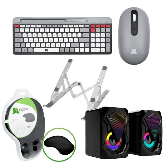 Combo Office Teclado+Mouse 2.4G, Stand 18″, Speakers RGB, Pad Gel