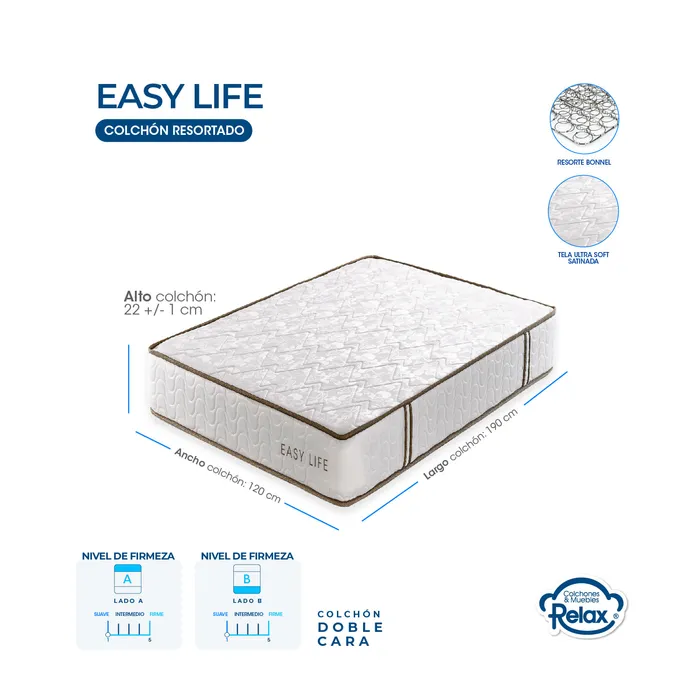 Combo Colchón Semidoble con Base Cama Easy Life Colchones Relax 120x190x22cm Ortopédico Resortado Firmeza Suave + 1 Almohada + 1 Protector MP colchon Easy Life semidoble + base cama lona kodra semidoble + 1 almohada + portector