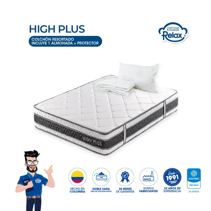 Colchón Semidoble High Plus Colchones Relax 120x190x24cm Ortopédico Resortado Firmeza Suave + 1 Almohada + 1 Protector MP colchon High Plus semidoble + 1 almohada + portector