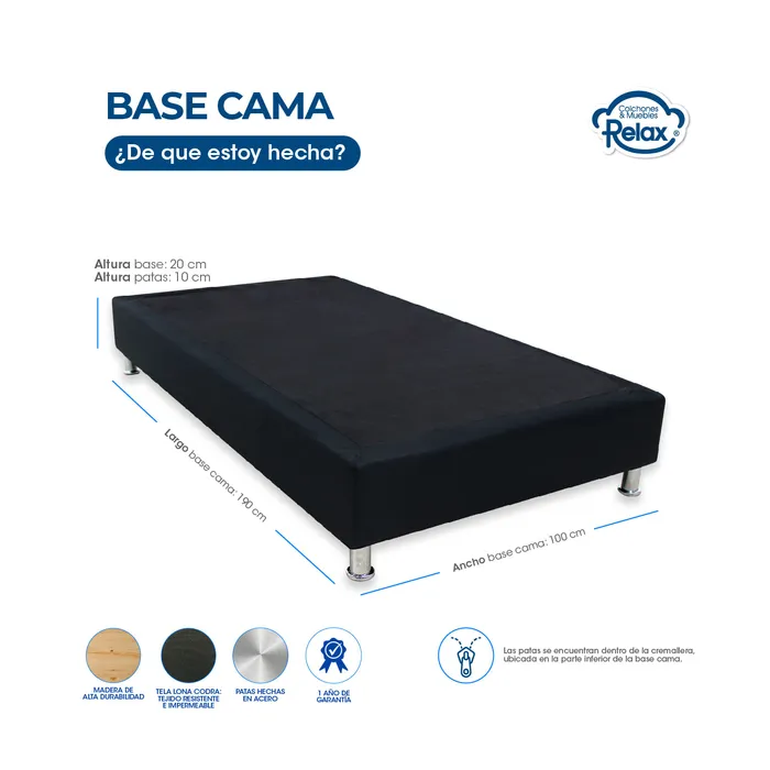 Combo Colchón Sencillo con Base Cama High Plus Colchones Relax 100x190x24cm Ortopédico Resortado Firmeza Suave MP colchon High Plus sencillo+ base cama lona kodra sencilla