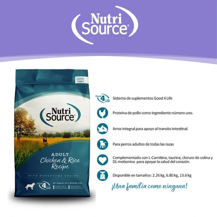 Comida Para Perros Nutrisource Adult Chicken & Rice 6,8 Kg