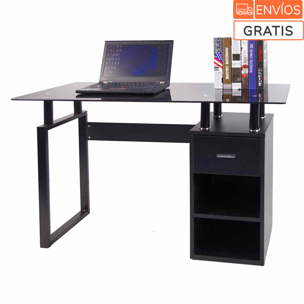 escritorio-de-metal-parís,-vidrio-negro,-con-un-cajón-y-dos-entrepaños