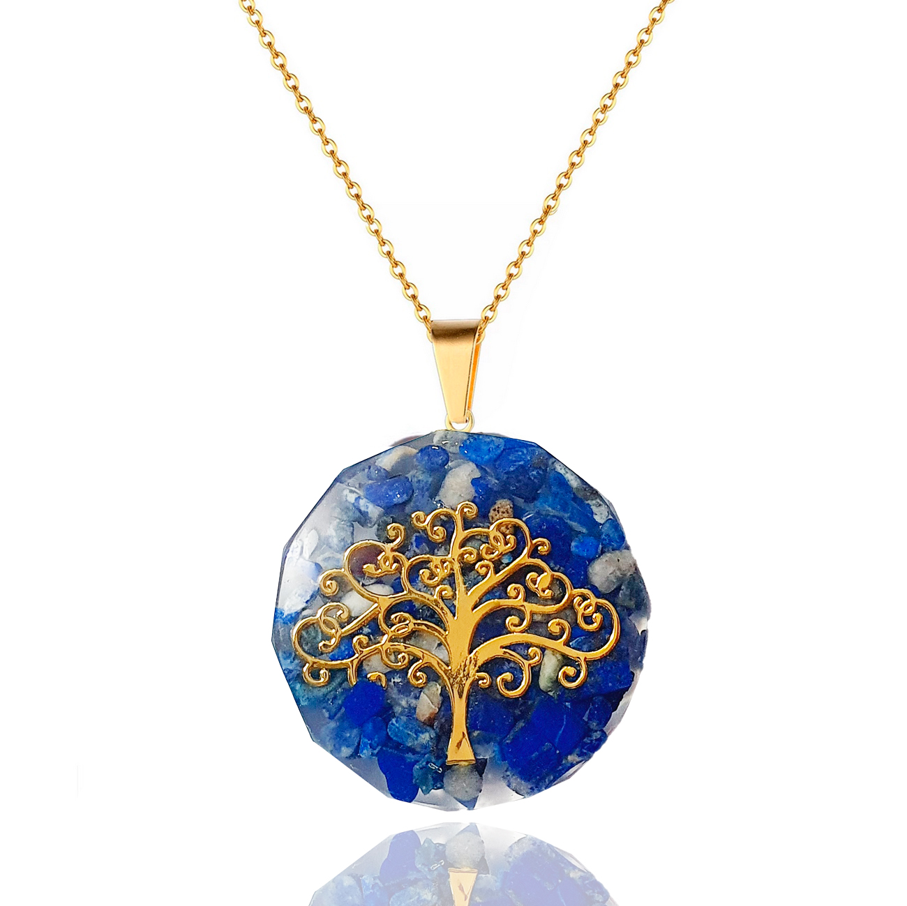 Collar Cuarzo Lapislazuli Árbol De La Vida Acero + Estuche