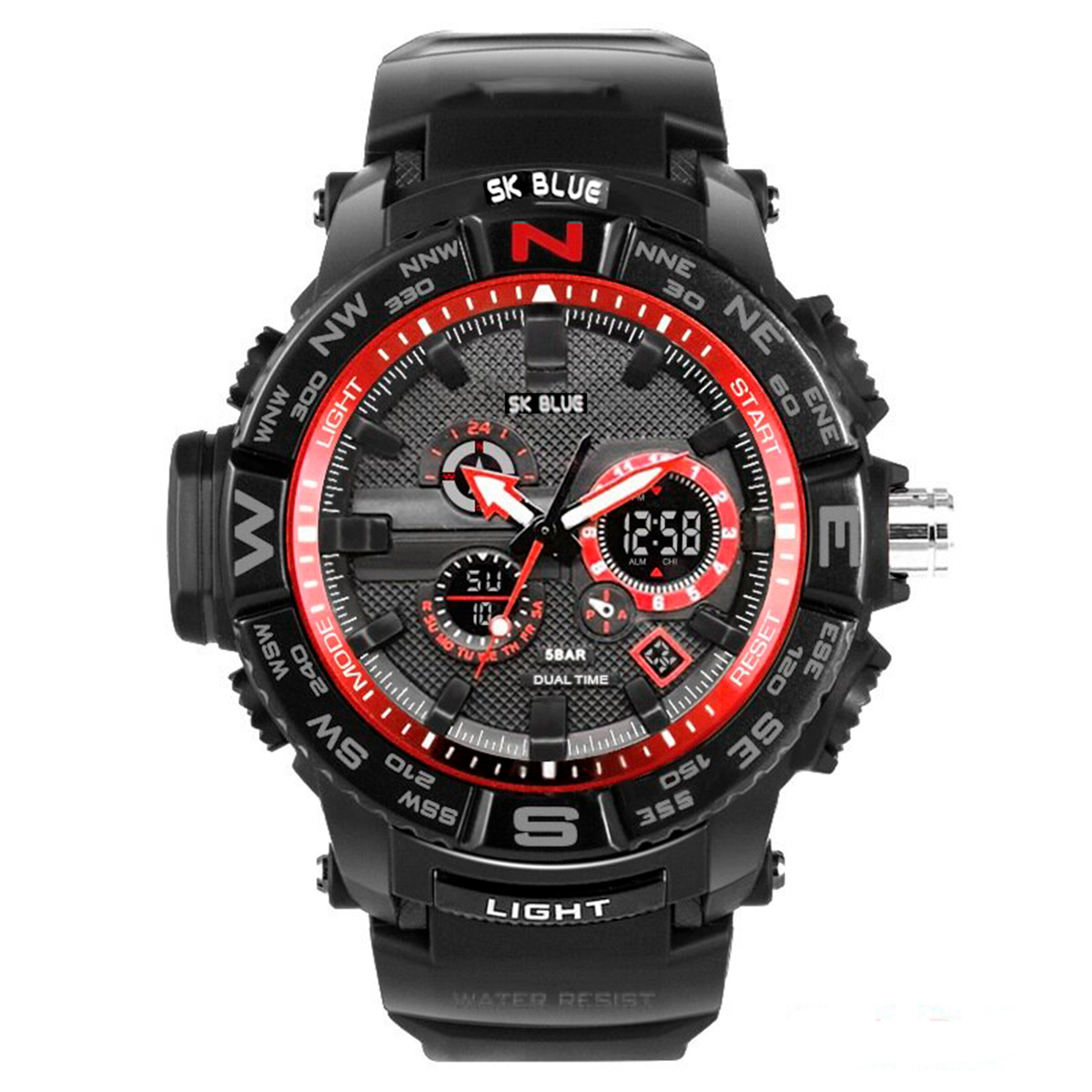 Reloj Caballero Shock Impermeable Digital Led Doble Hora Orientacion Rojo + Estuche