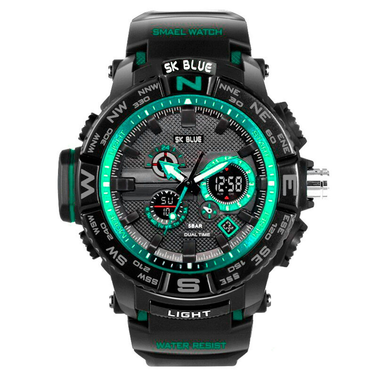 Reloj Caballero Shock Impermeable Digital Led Doble Hora Orientacion Verde + Estuche