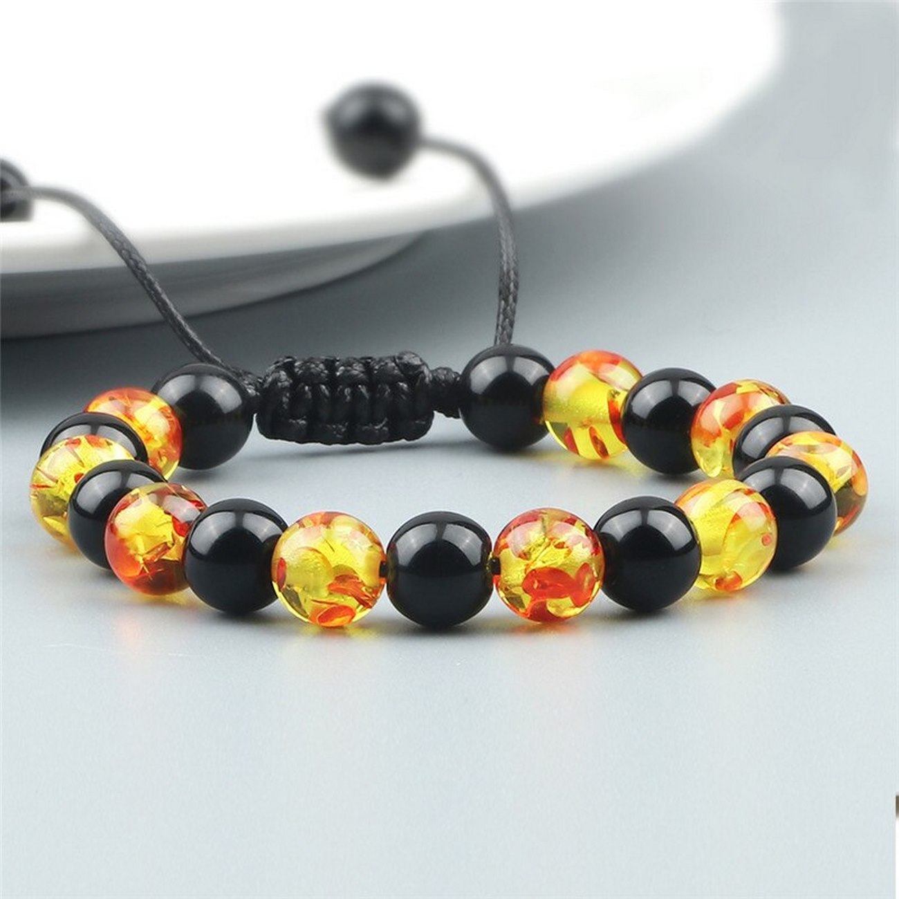 Pulsera Cuarzo Onix - Bola Dragon Tejida + Estuche 