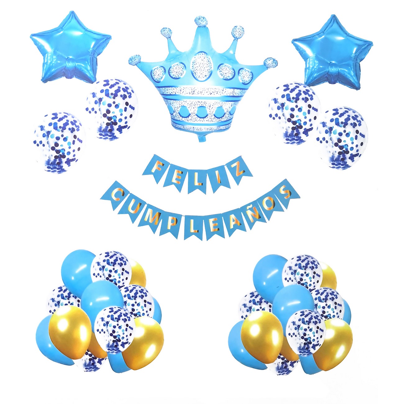 Kit Decoración Feliz Cumpleaños Dorado Corona Estrella Azul