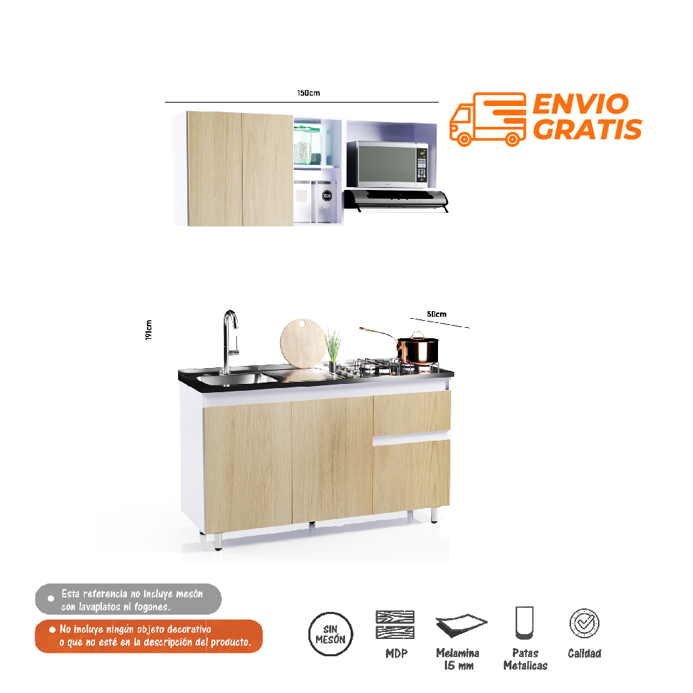 Cocina Integral Rosy 150cm Incluye Meson Bertolini Color Rovere Y Blanco