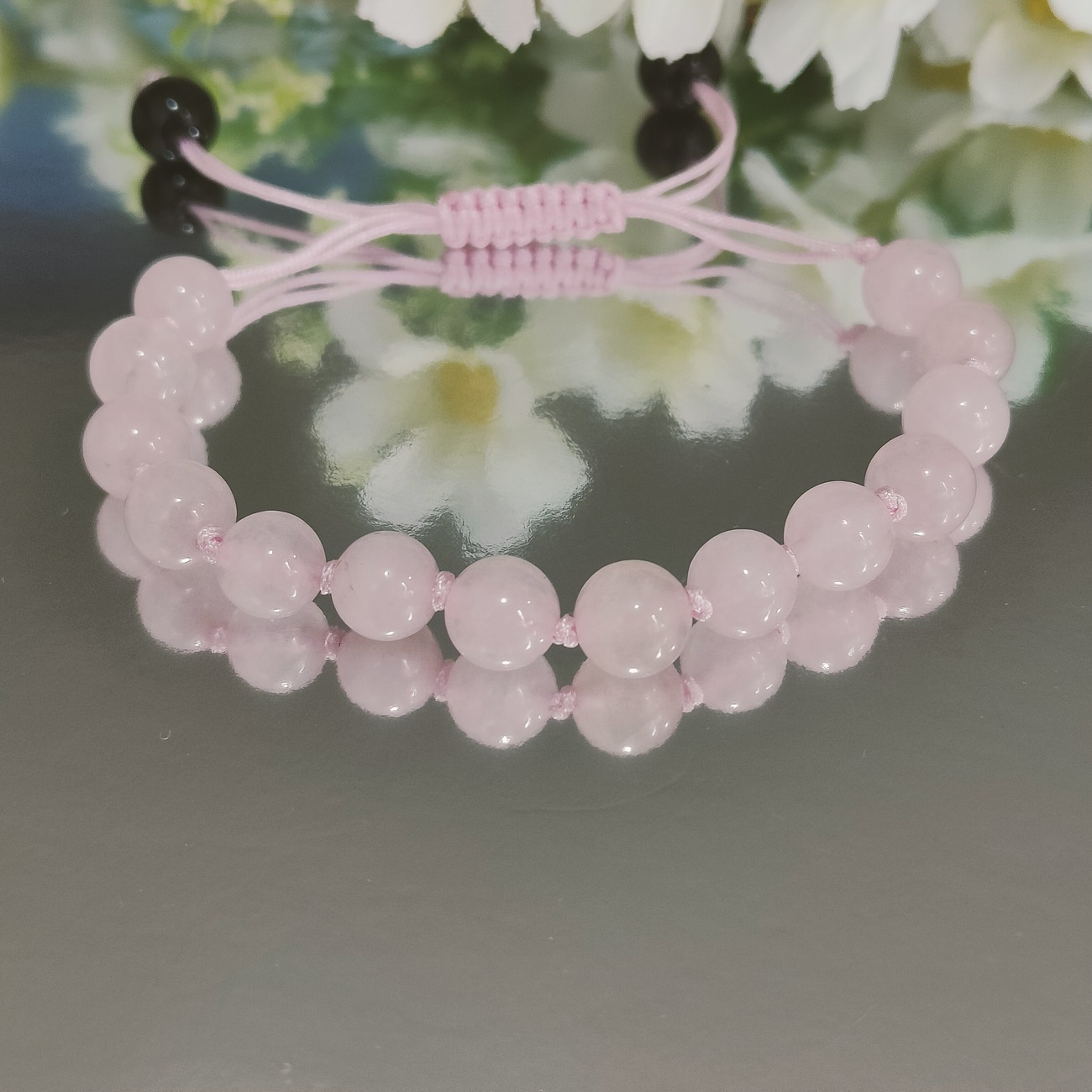 Pulsera Cuarzo Rosa Nudos Tejida + Estuche 