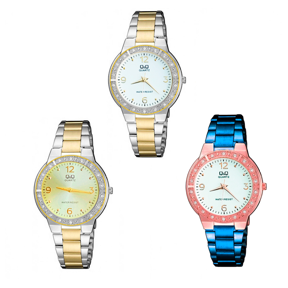 Reloj Q&q Qyq Acero Inoxidable Dama Diamond Bicolor +estuche 