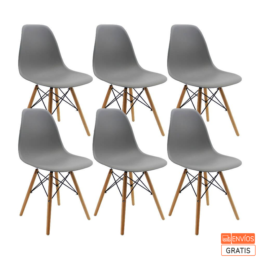 Kit Por 6 Sillas Eames Patas En Madera Para Comedor, Gris