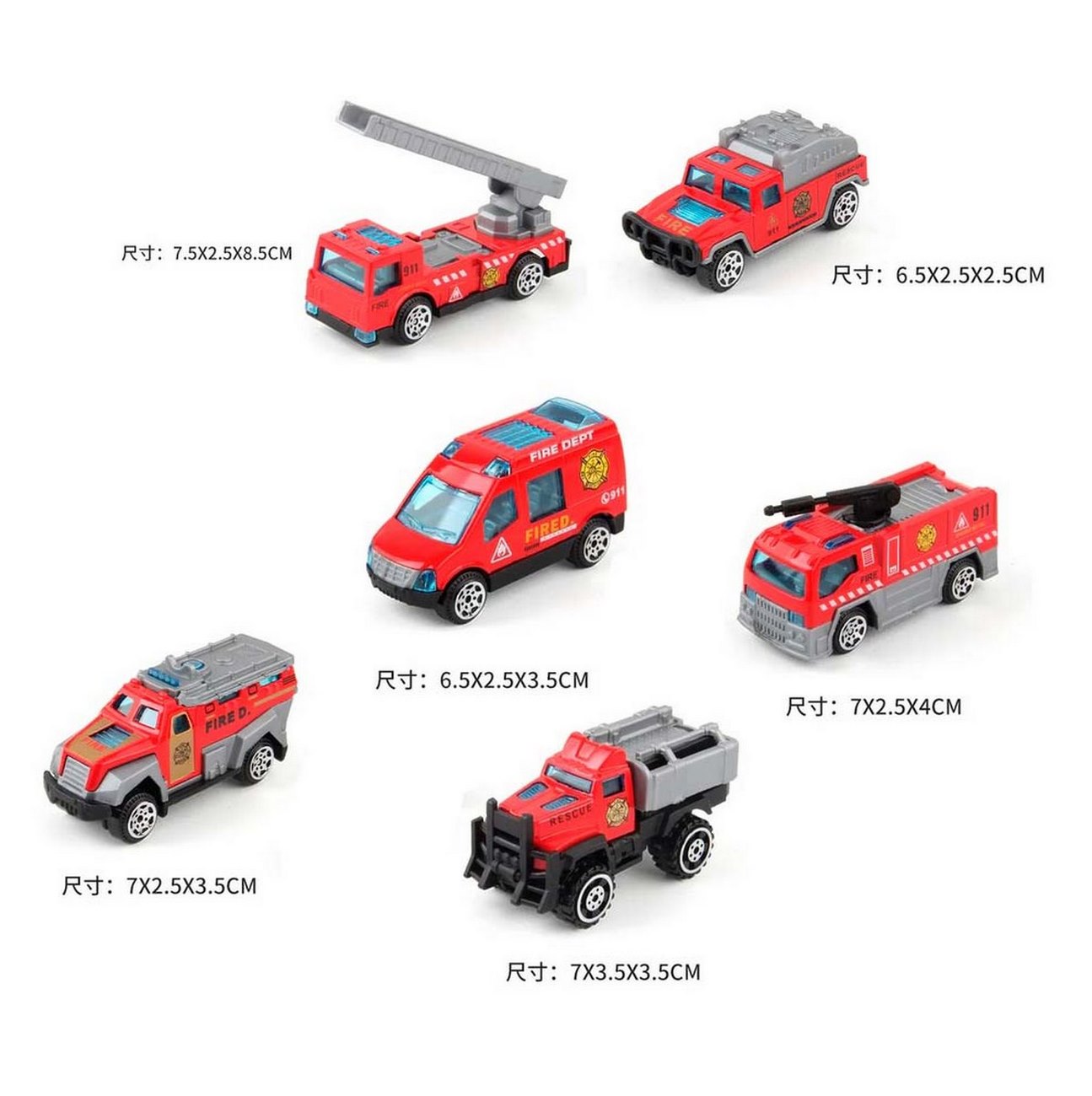 Colección Carros Vehiculos Bomberos De Metal 6 Pcs Juguete