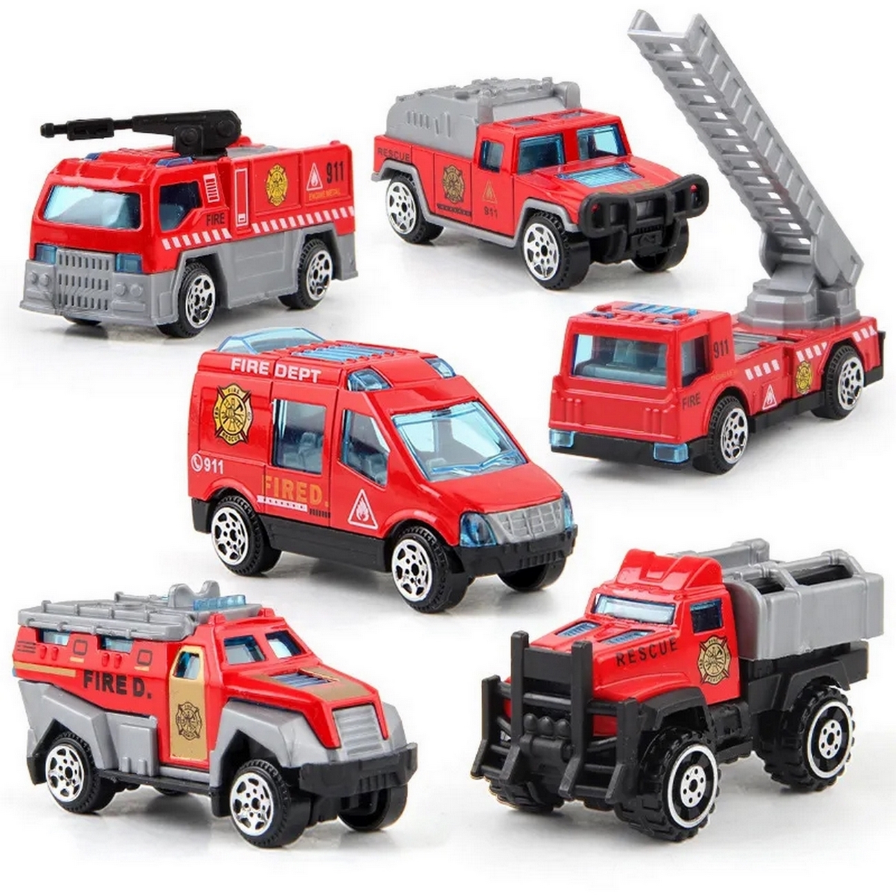 Colección Carros Vehiculos Bomberos De Metal 6 Pcs Juguete