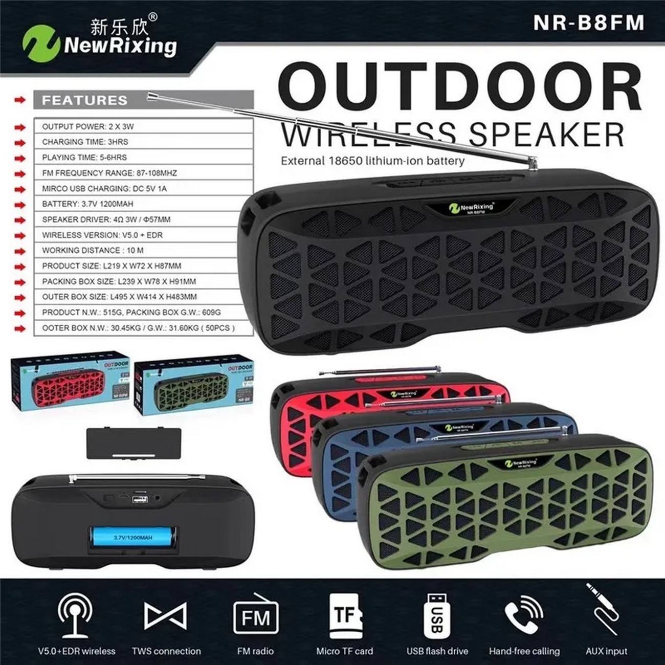 Bocina Parlante Mi Portable Bluetooth Speaker Caja Nr-b8fm