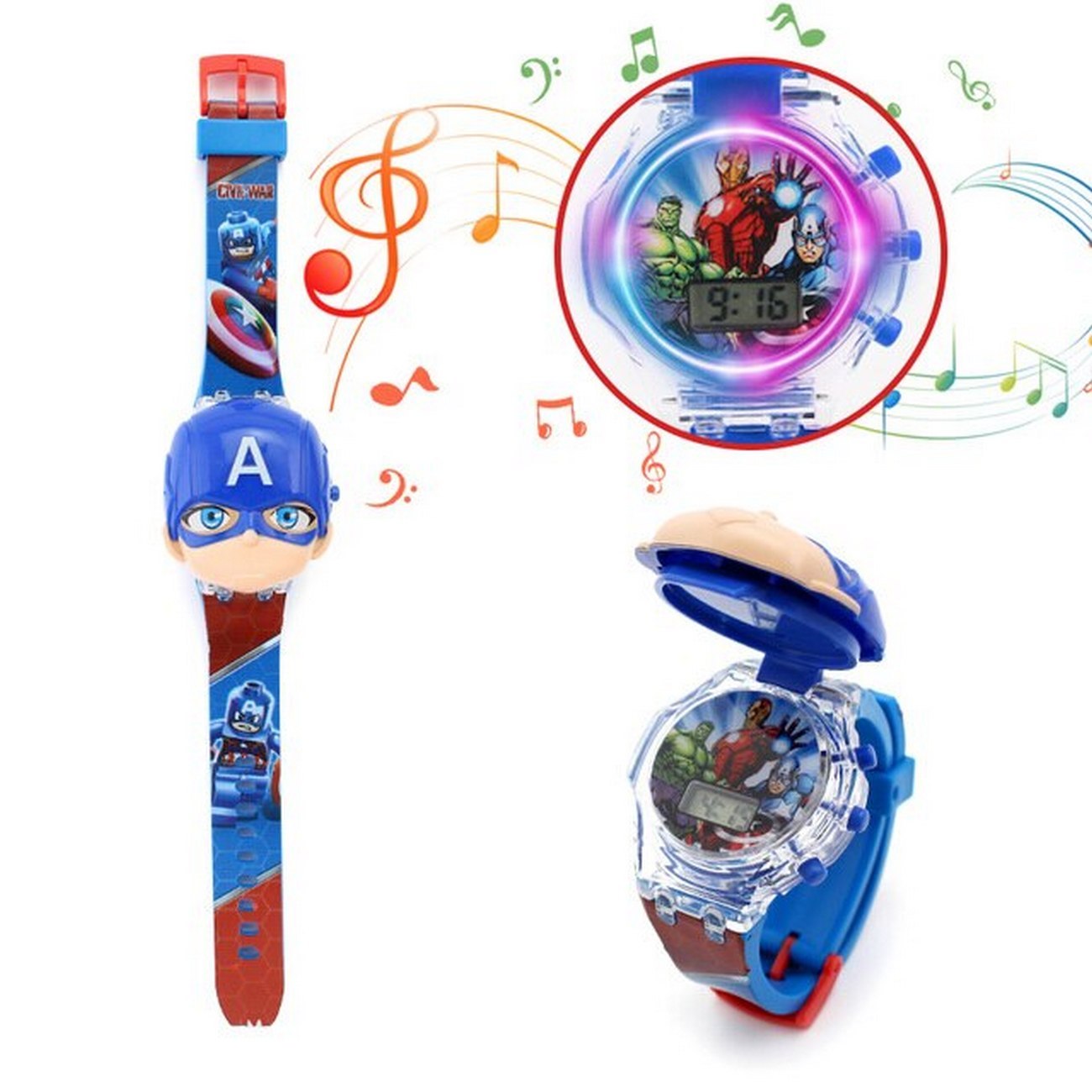 Reloj Niños Digital Luces Sonido Tapa Capitan America