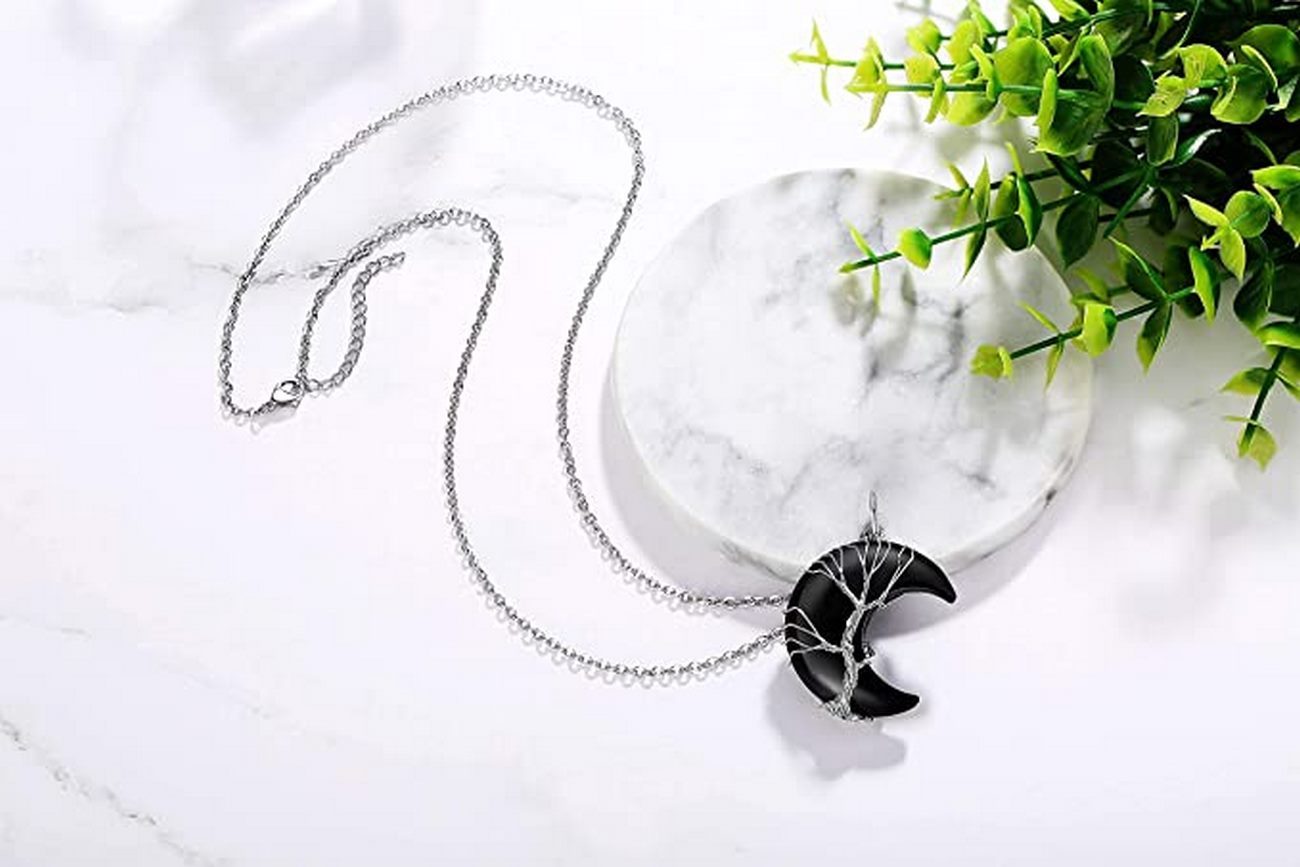 Collar Cuarzo Onix Luna Arbol De La Vida + Estuche 